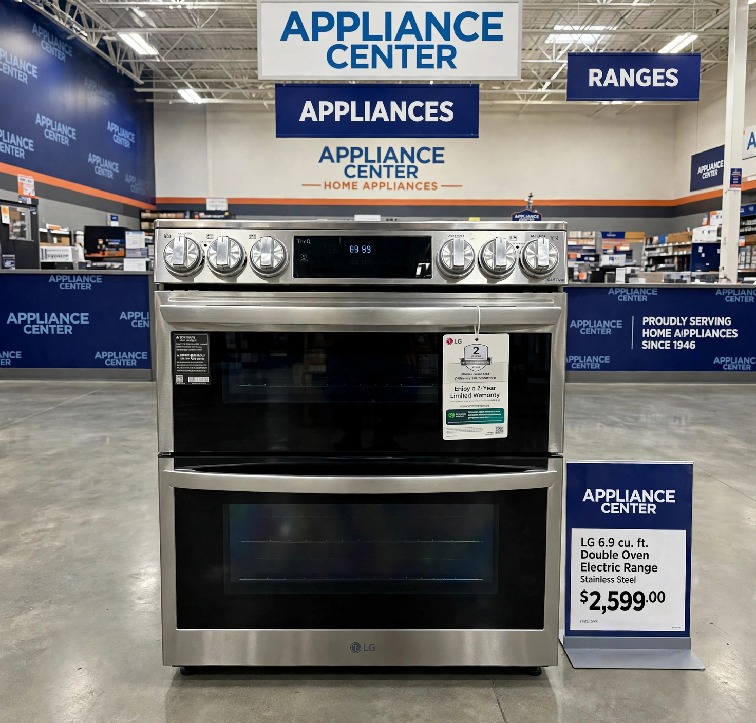 Stainless steel LG ThinQ ProBake double oven electric range displayed in a Lowe's store aisle