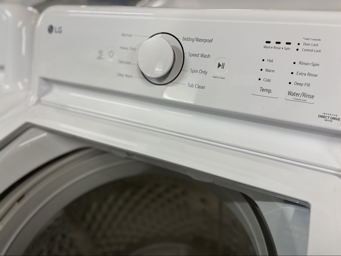 LG top-load washer control panel with cycle dial and Inverter Direct Drive label