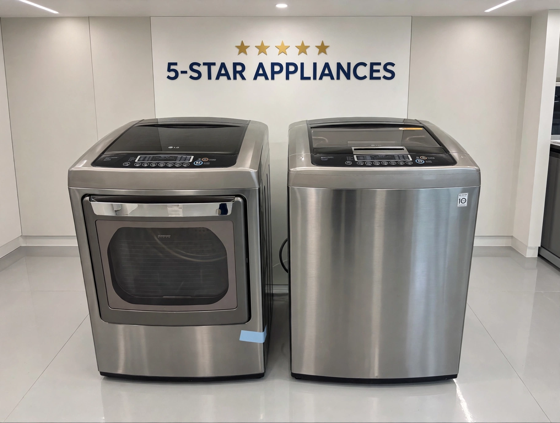LG stainless steel top-load washer and dryer set on a Five Star showroom floor