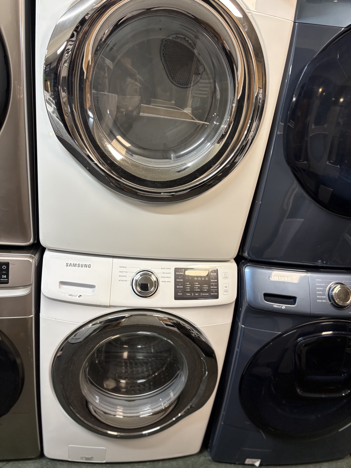Samsung white front-load washer and dryer set, closer view