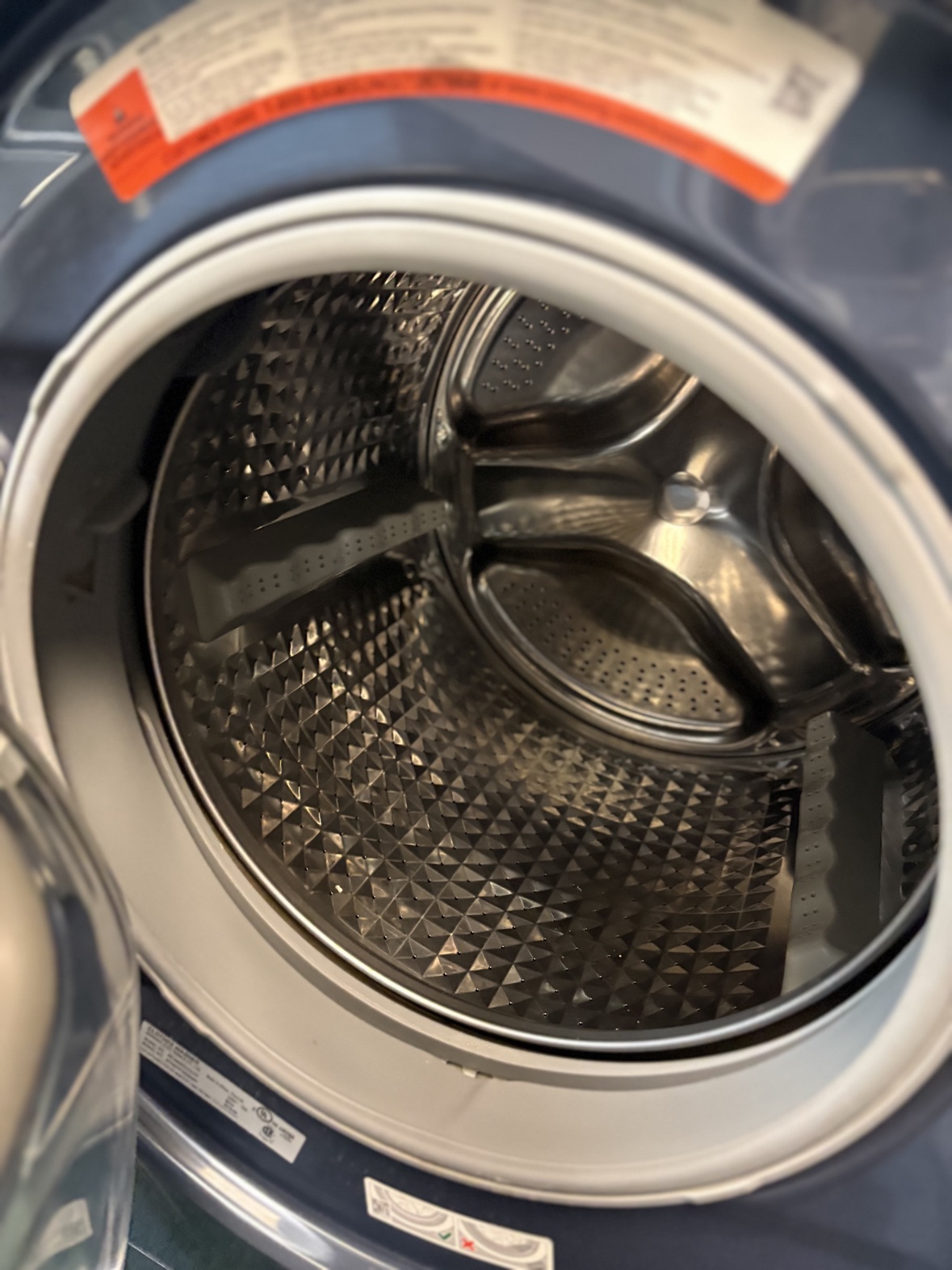 Inside the stainless steel Samsung washer drum