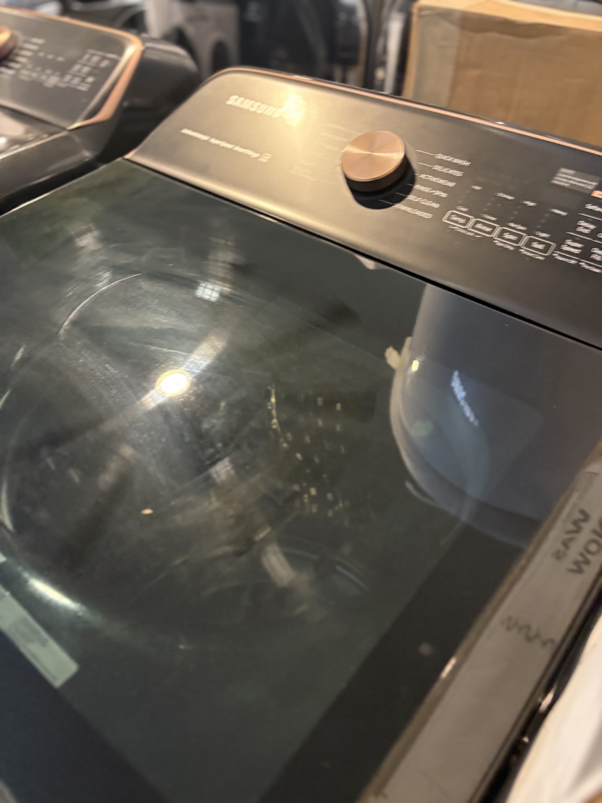 Samsung washer glass lid and control panel with rose gold dial