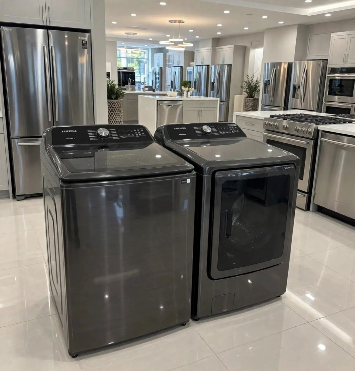 Samsung black stainless top-load washer and dryer set on a Five Star showroom floor