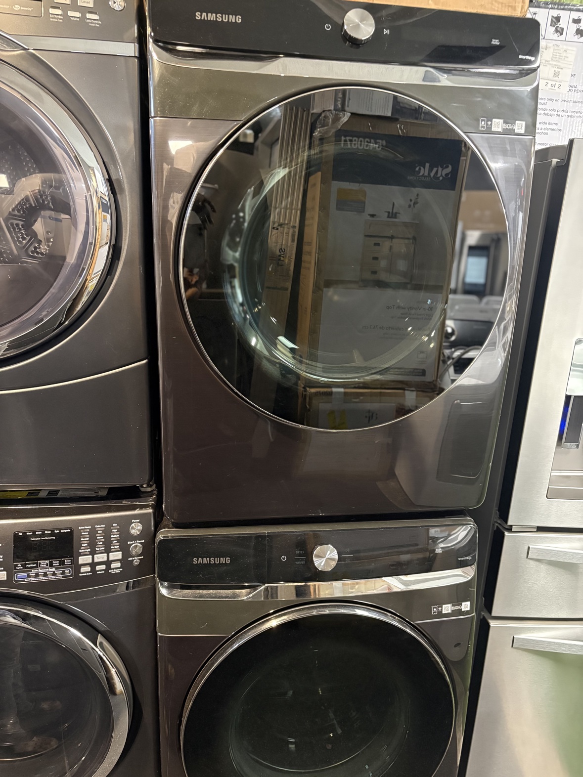 Samsung front-load gas washer and dryer set, black stainless, like new