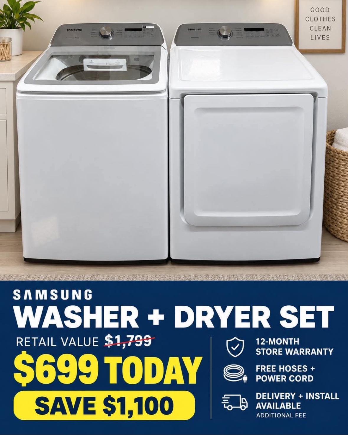 White Samsung top-load washer and dryer set with a $699 today banner