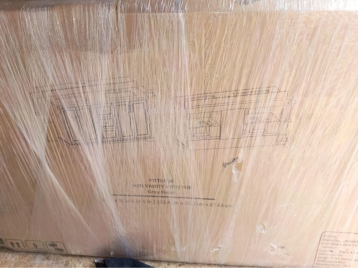 The Pittman 60 inch vanity sealed in its shipping box