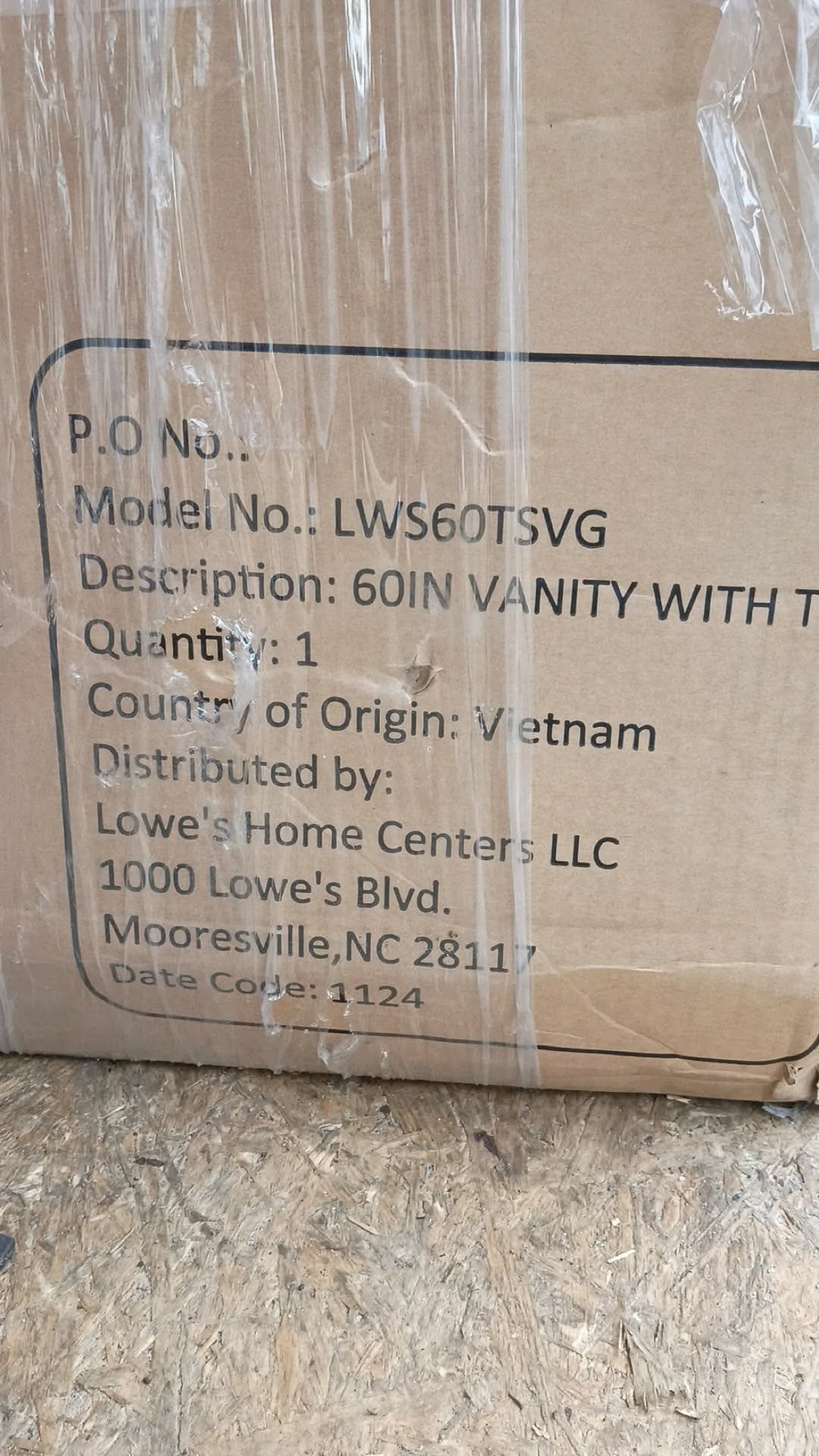 Close-up of the vanity box label showing model number LWS60TSVG