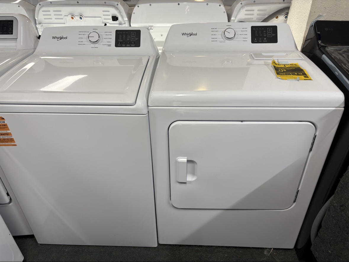 White Whirlpool top-load washer and dryer set, brand new