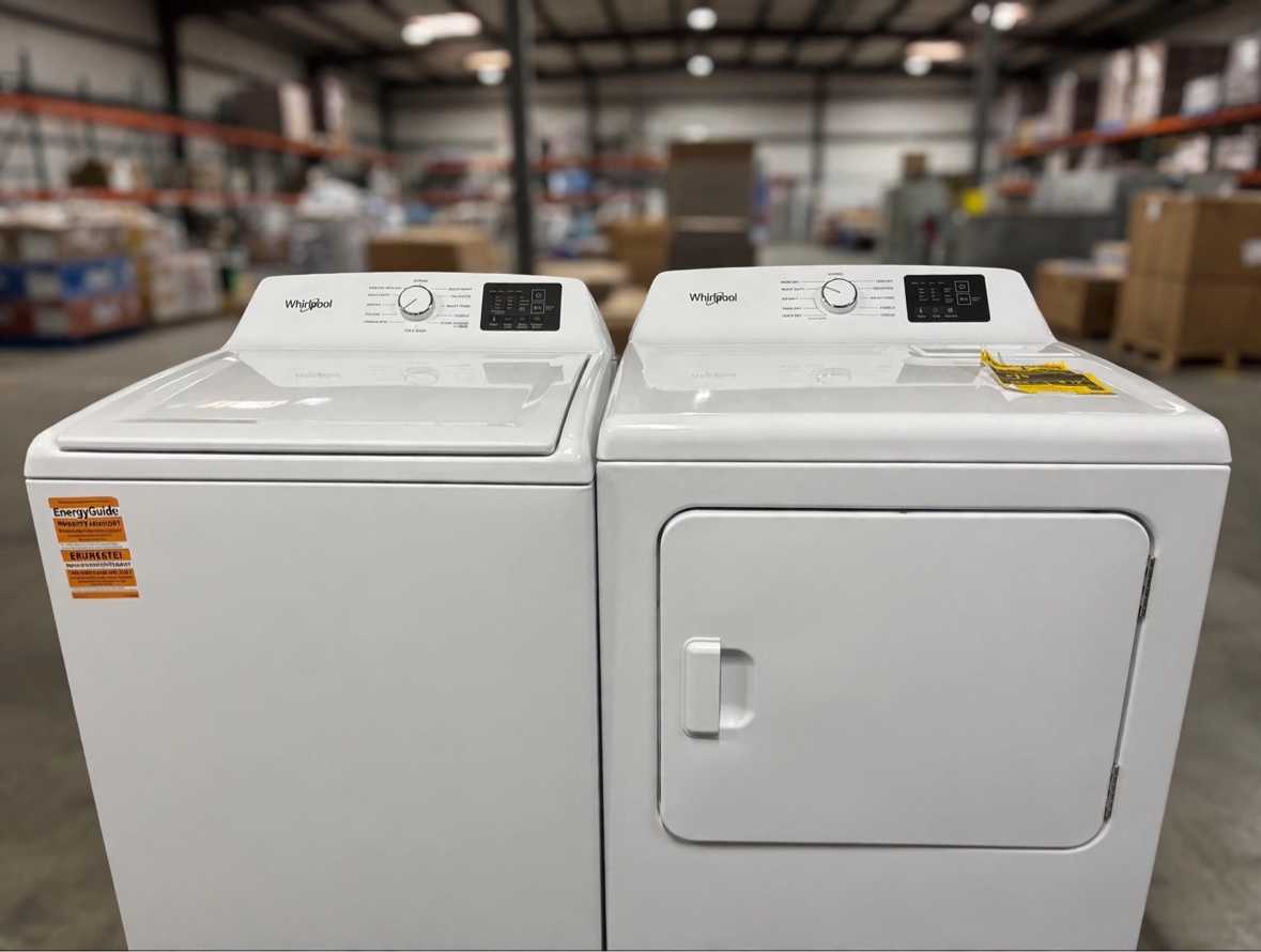 White Whirlpool top-load washer and dryer set, brand new